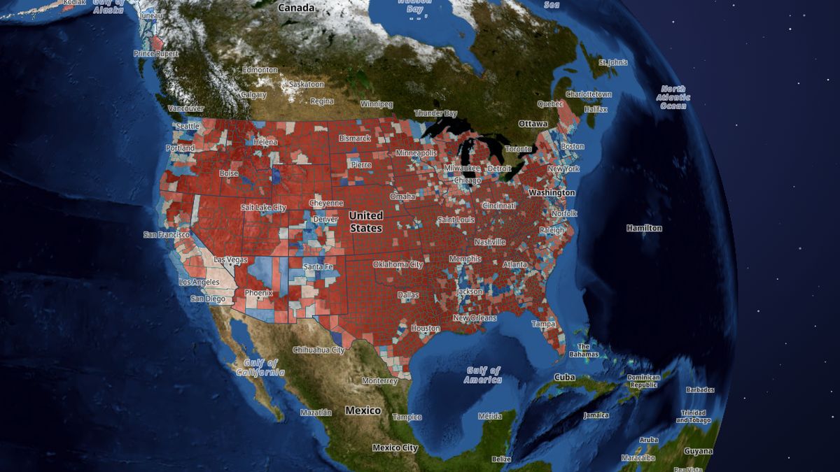 2024 presidential vote by county on the Map the Block map of the United States