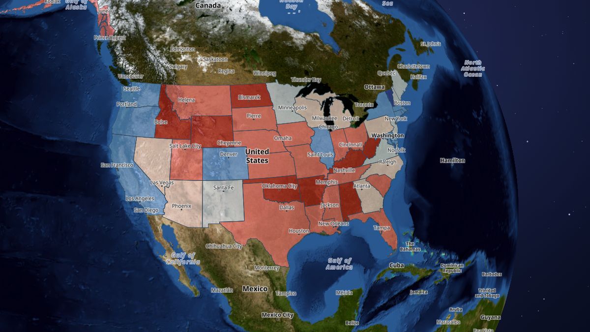 2024 presidential vote by state on the Map the Block map of the United States