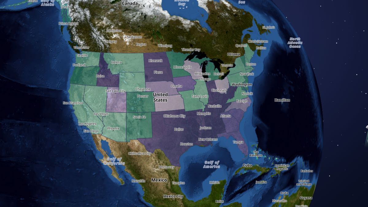 Abortion laws by state on the Map the Block map of the United States