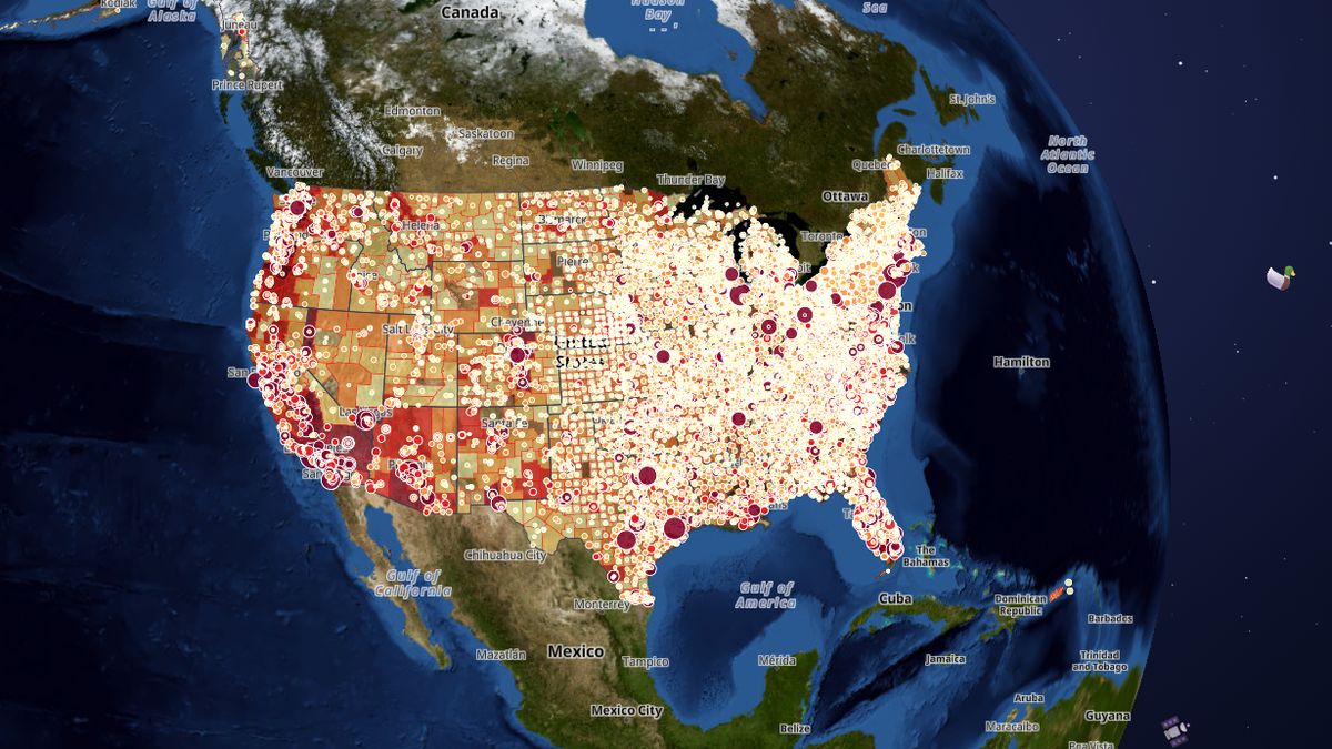 Car thefts per year by county on the Map the Block map of the United States