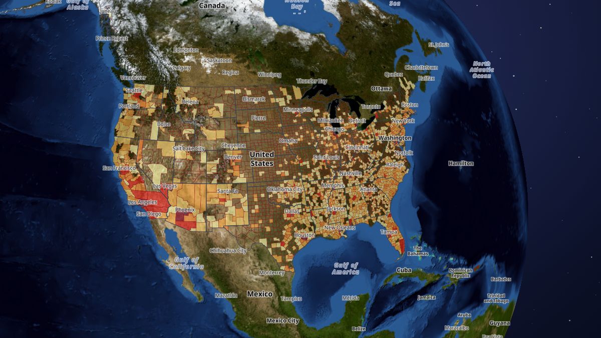 Homicide deaths by county (CDC death records) on the Map the Block map of the United States
