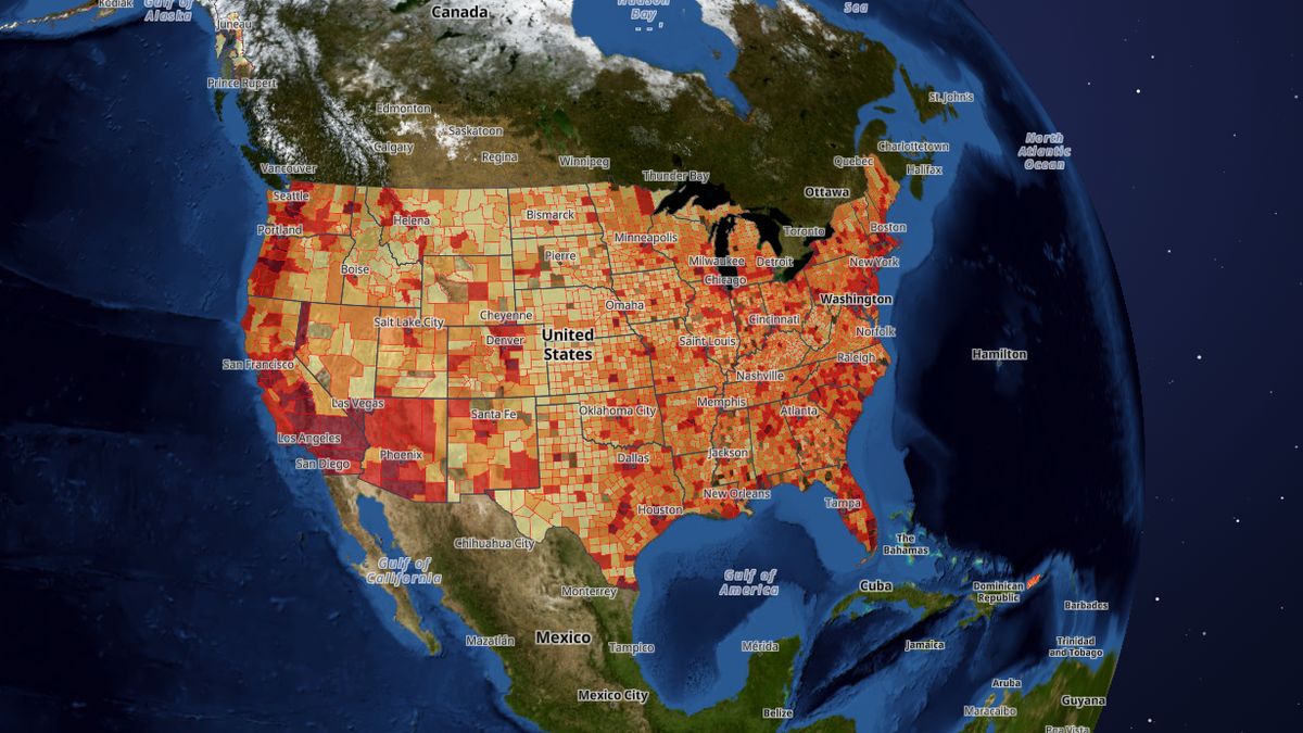 Property crimes per year by county on the Map the Block map of the United States