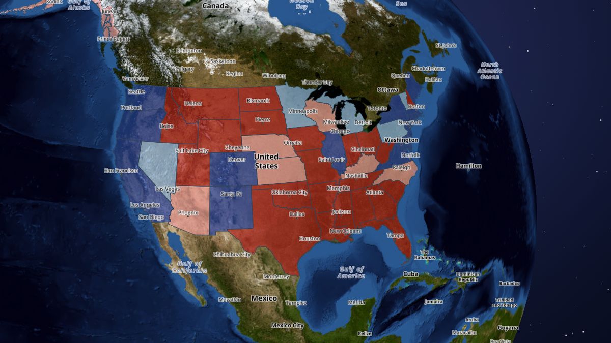 State party control (governor + legislature) on the Map the Block map of the United States