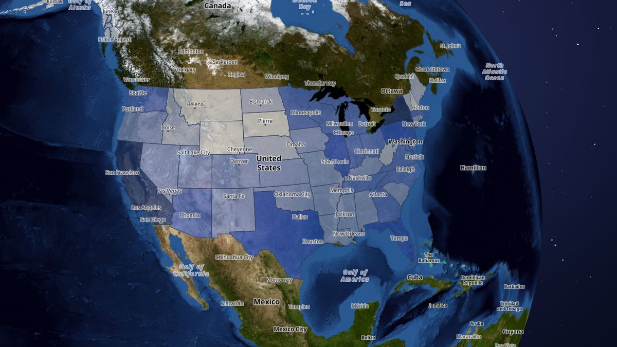 Taxes collected by state (FY2025) on the Map the Block map of the United States