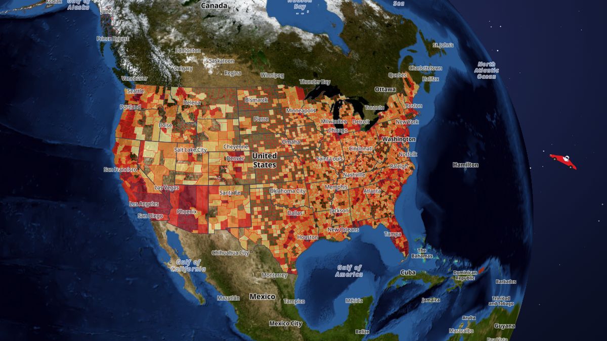 Traffic deaths (2024, by county) on the Map the Block map of the United States