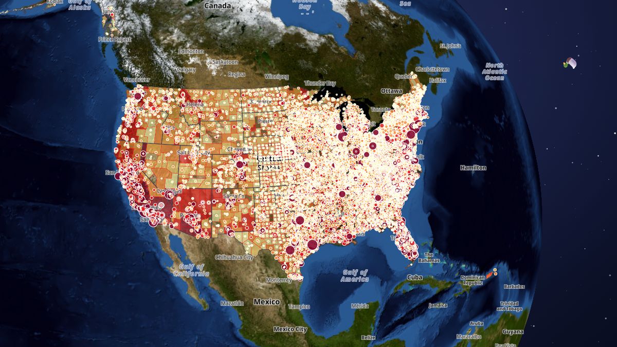 Violent crimes per year by county on the Map the Block map of the United States